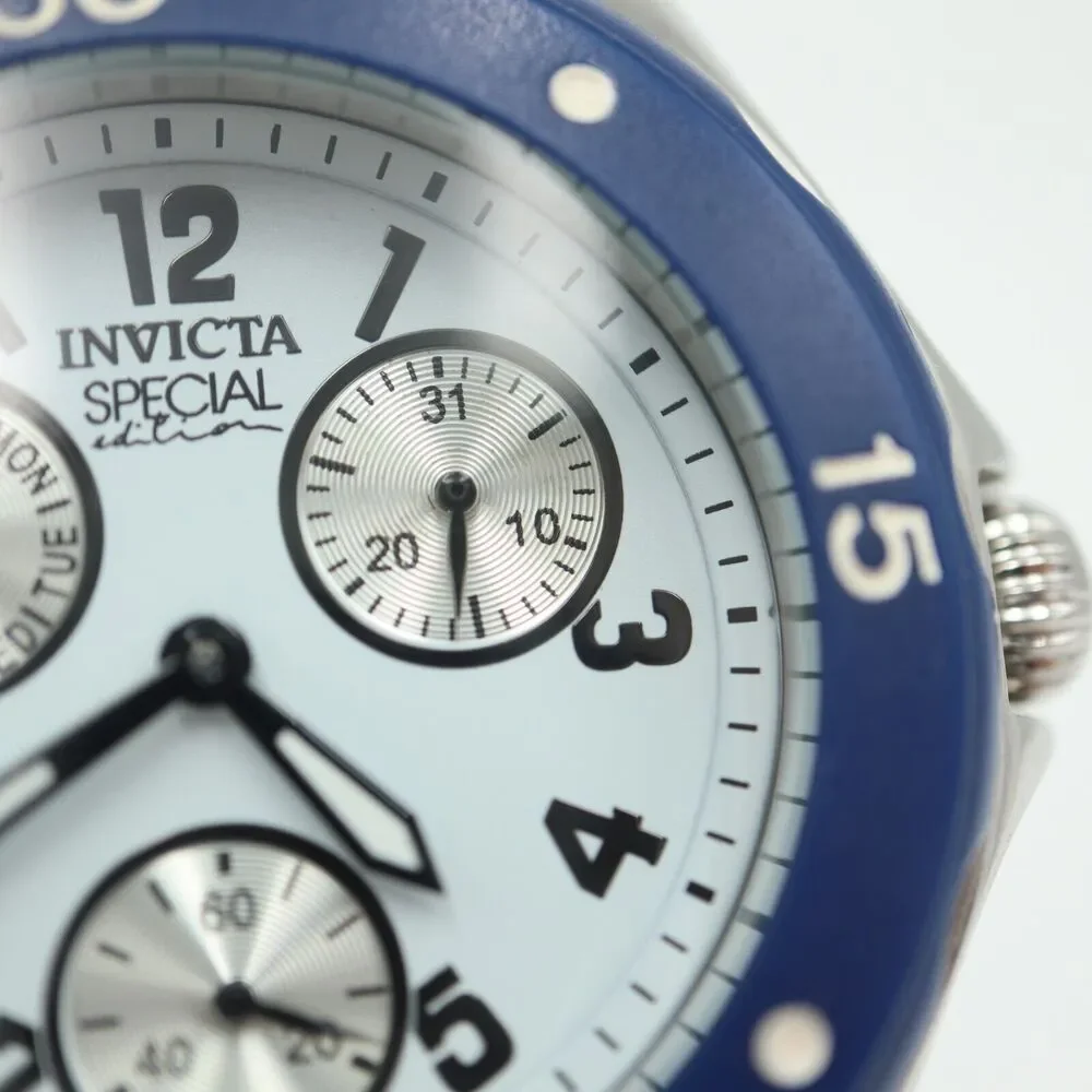 Invicta Mens Multifunction Watch 38mm White Dial Blue Bezel Silicone Strap